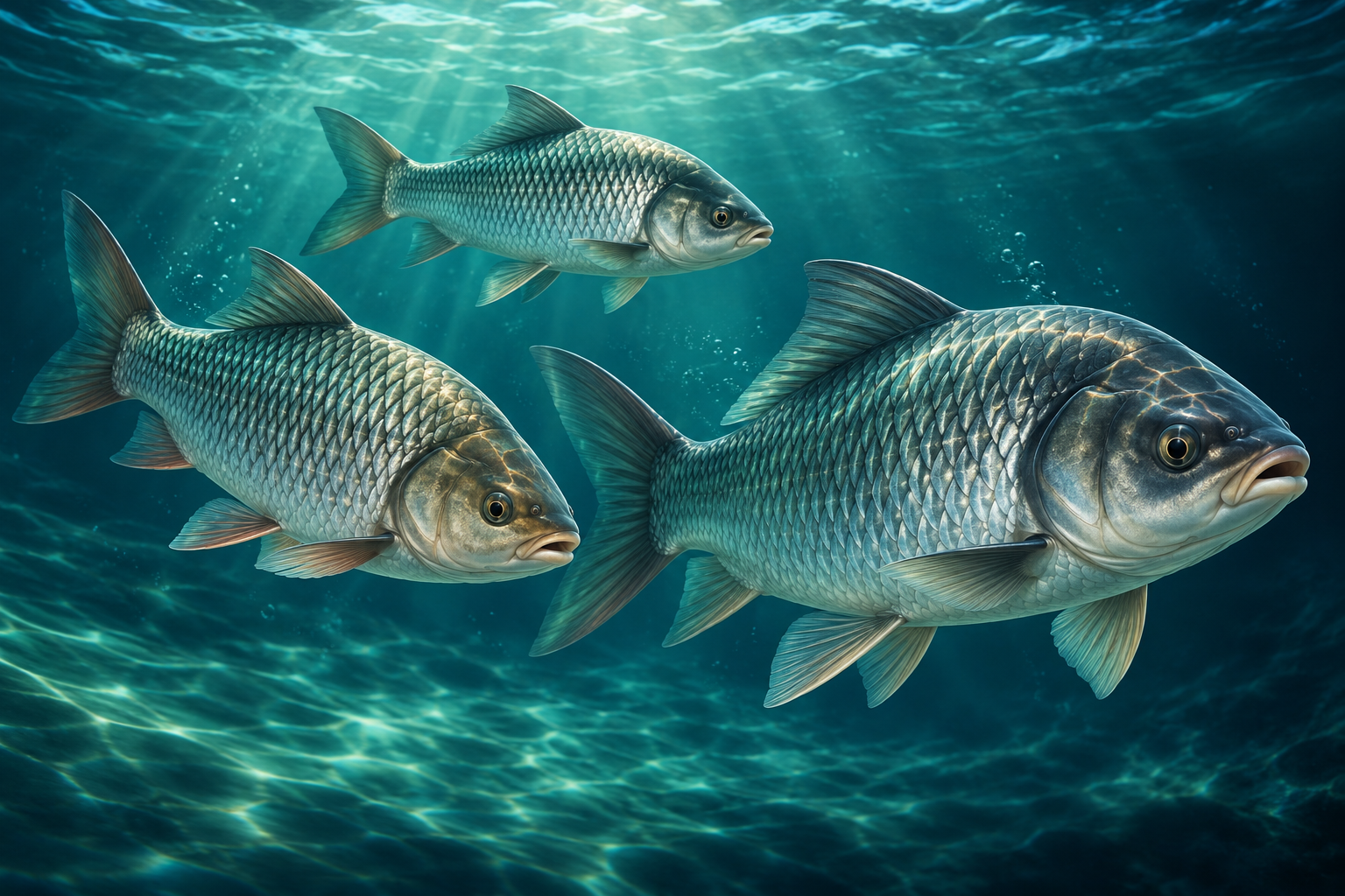 Three silver freshwater fish swimming through sunlit teal water